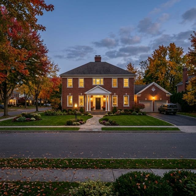 Classic colonial home in autumn setting